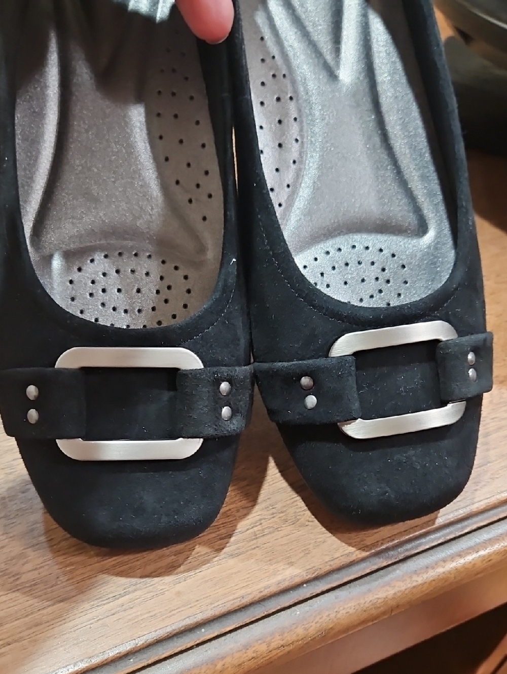 Trotters Black Suede Ballet Flats with Silver Buckle - Picture 5 of 7